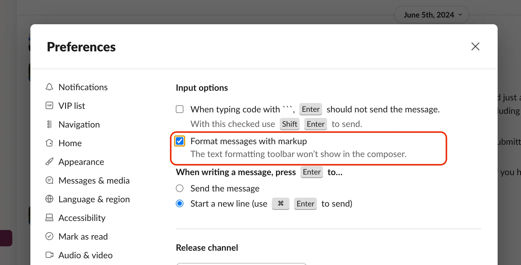 Cài đặt &quot;Định dạng tin nhắn bằng đánh dấu&quot; trong Slack để bật chế độ Markdown cổ điển