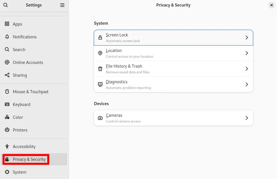Cài đặt GNOME hiển thị các tùy chọn quyền riêng tư và bảo mật trên Fedora, cho phép người dùng tùy chỉnh mức độ bảo vệ dữ liệu cá nhân.