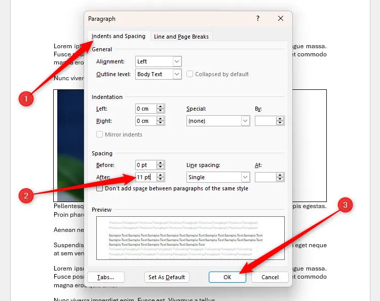 Cài đặt khoảng cách Sau (Spacing After) cho bảng trong Microsoft Word được đặt thành 11 pt, đảm bảo khoảng trống phù hợp sau ảnh