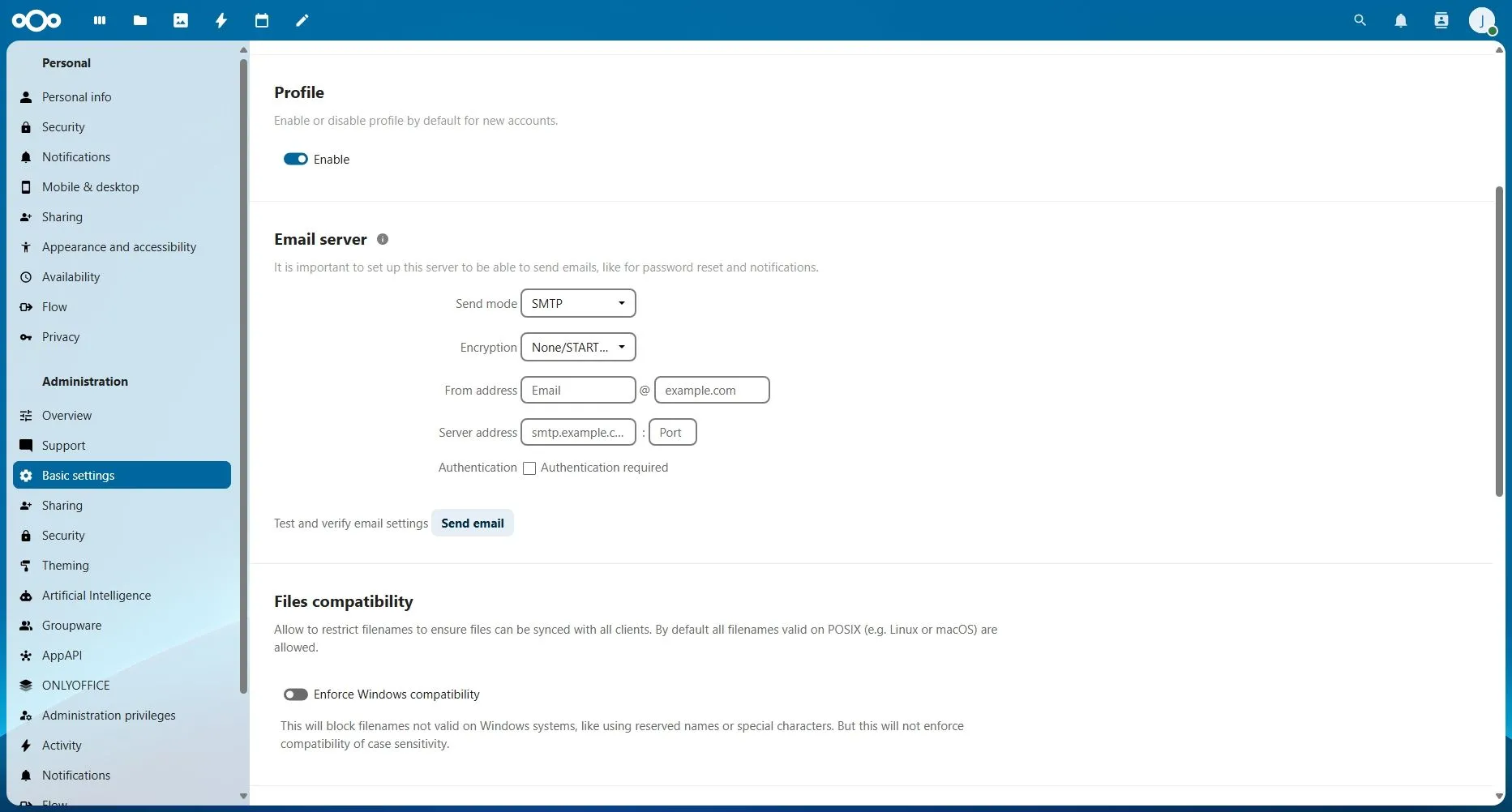 Cài đặt Nextcloud hiển thị cấu hình tài khoản email