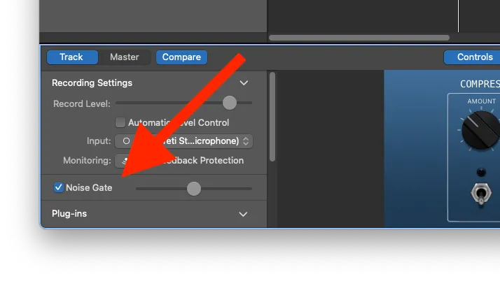 Cài đặt Noise Gate trong bảng Smart Controls của GarageBand giúp giảm tiếng ồn xung quanh cho bản thu podcast.