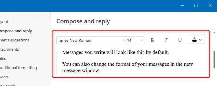 Cài đặt phông chữ mặc định trong phần Soạn và Trả lời của Cài đặt Outlook mới, cho phép tùy chỉnh font chữ email.