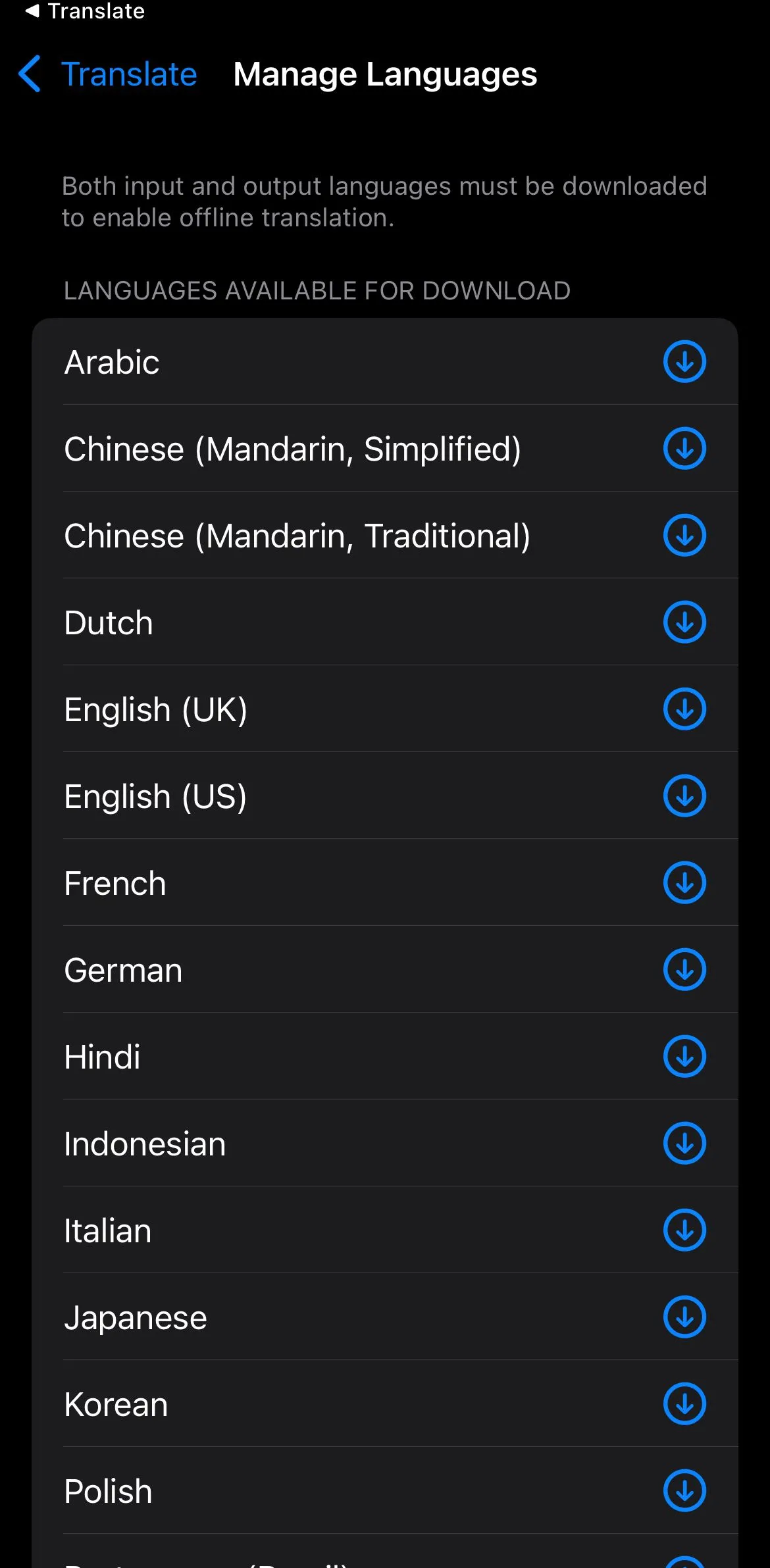 Cài đặt tải gói ngôn ngữ ngoại tuyến trên Apple Translate, giúp dịch thuật không cần internet.