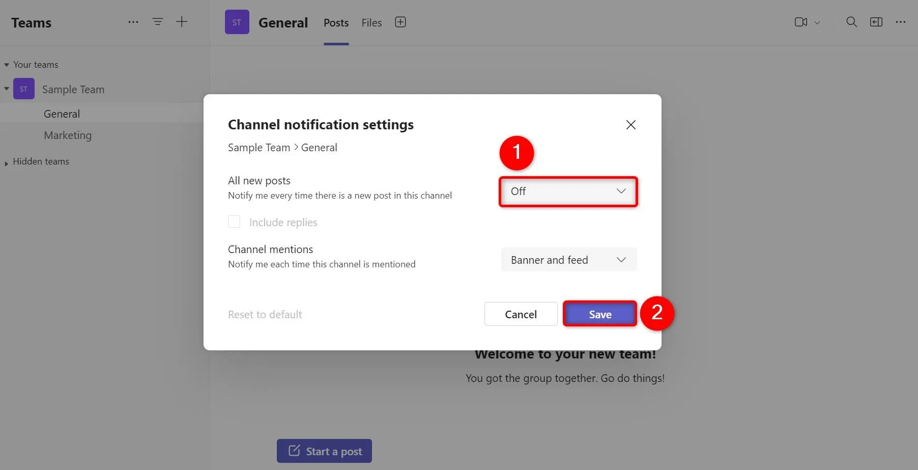 Cài đặt thông báo kênh trong Microsoft Teams với tùy chọn &quot;Off&quot; (Tắt) để tắt tiếng kênh.