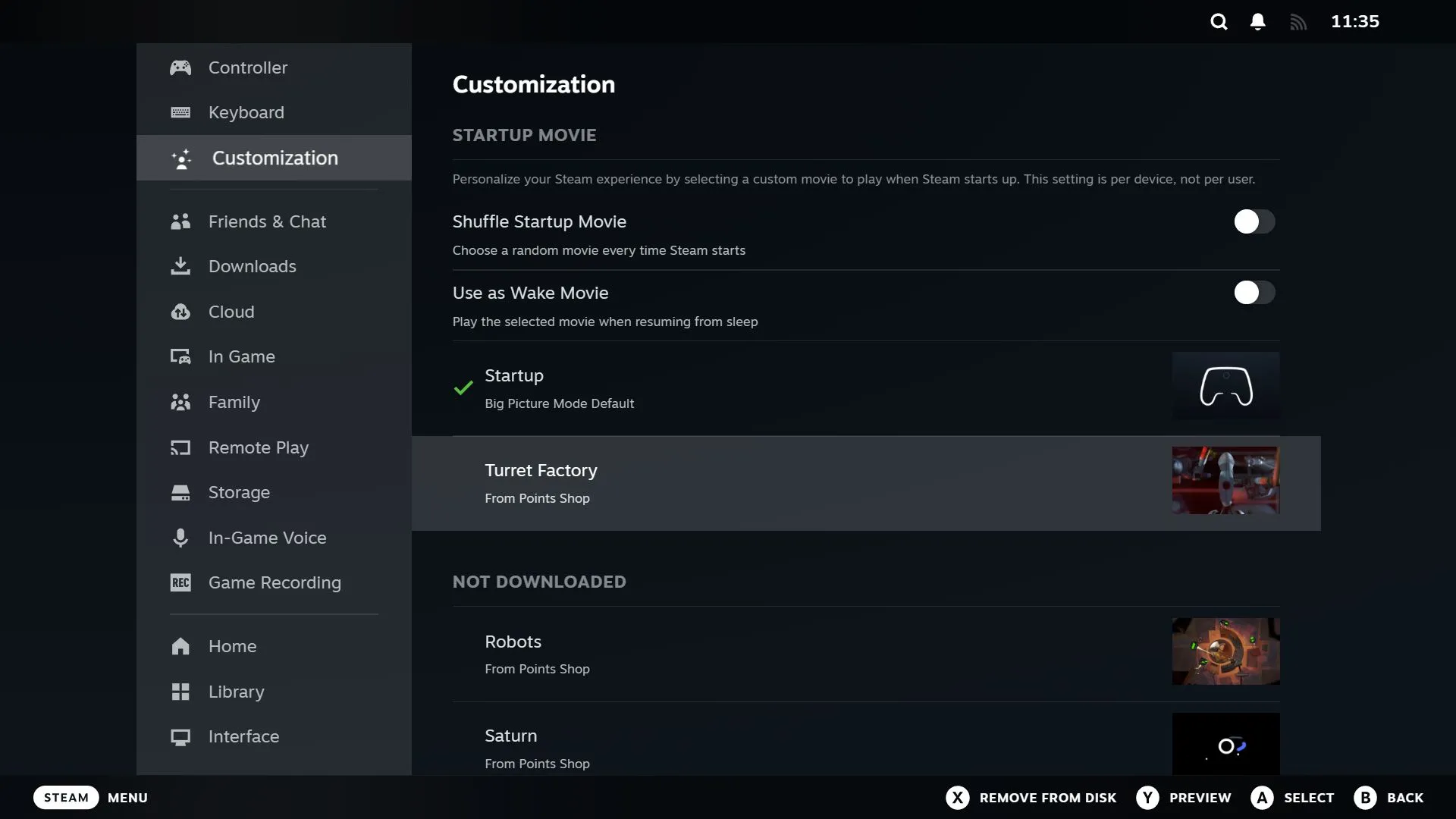 Cài đặt tùy chỉnh Steam với video khởi động được đánh dấu để chọn