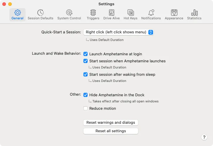 Cài đặt ứng dụng Amphetamine trên Mac mini, đảm bảo máy chủ Home Assistant luôn hoạt động và không ngủ đông.