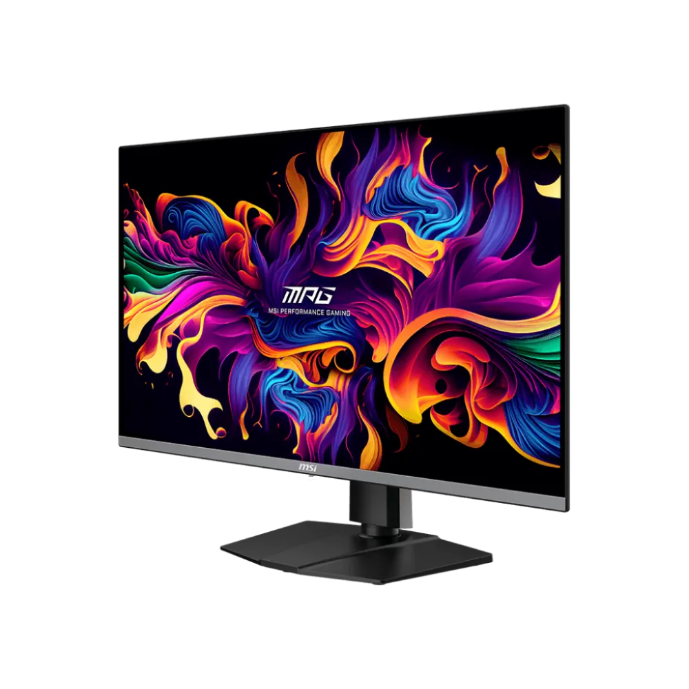 Cận cảnh màn hình MSI MPG 321URX với thiết kế chân đế ổn định và tản nhiệt thụ động.