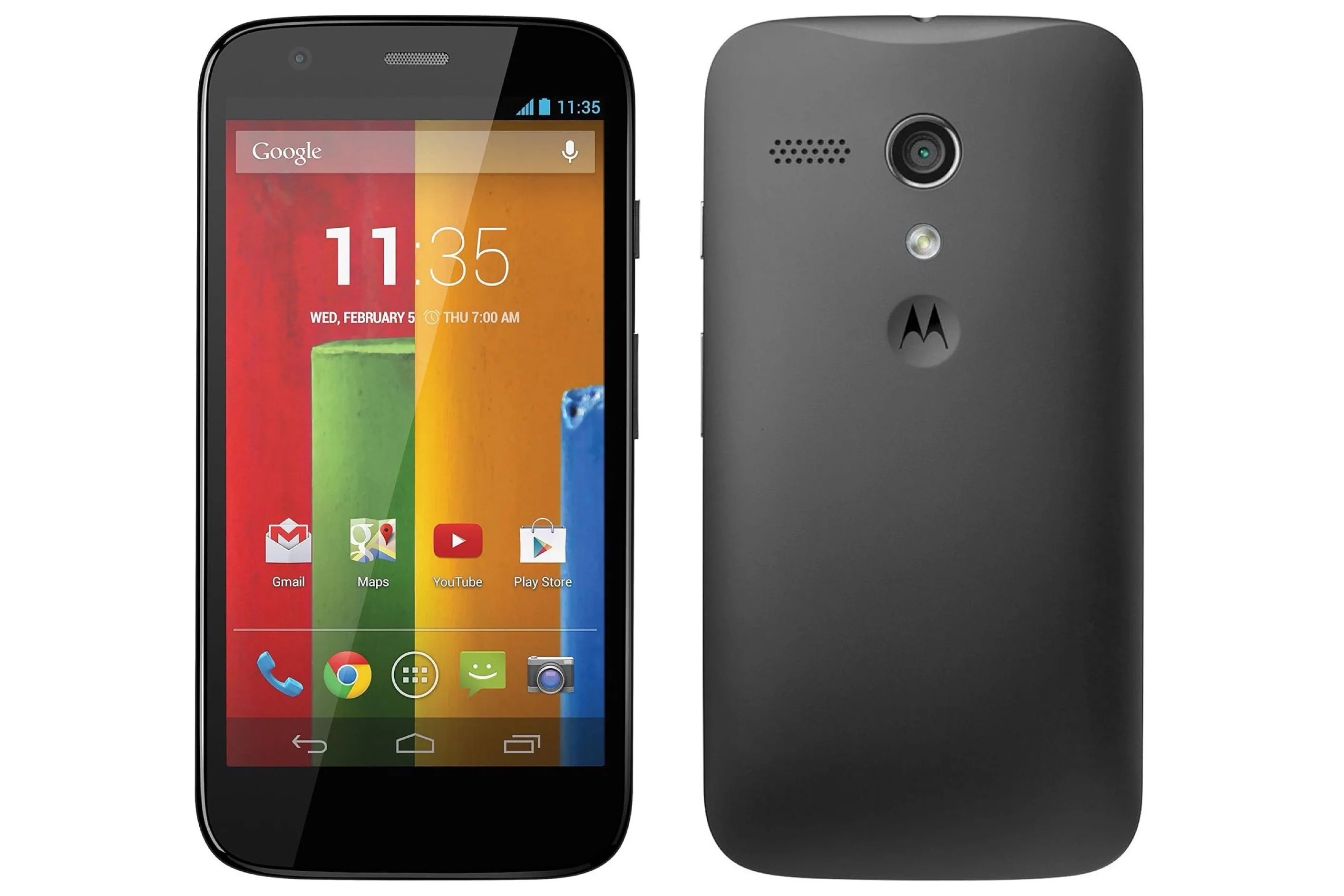 Cận cảnh mặt trước và mặt sau của điện thoại Motorola Moto G 4G màu đen, thể hiện khả năng tùy biến nắp lưng độc đáo và thiết kế nhỏ gọn.
