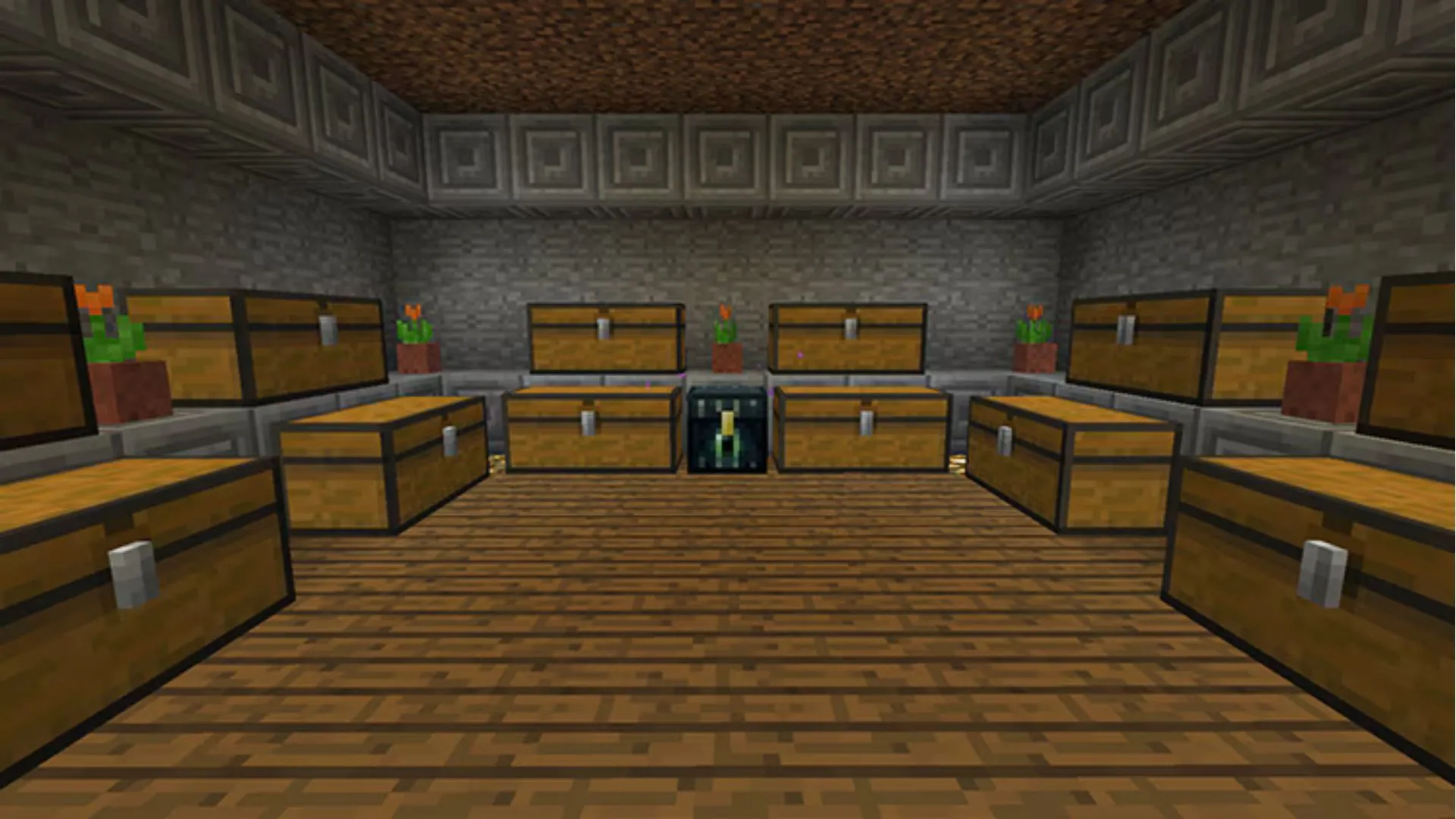 Căn phòng chứa đầy rương trong thế giới Minecraft, minh họa cách AI tạo game ngẫu nhiên và liên tục.