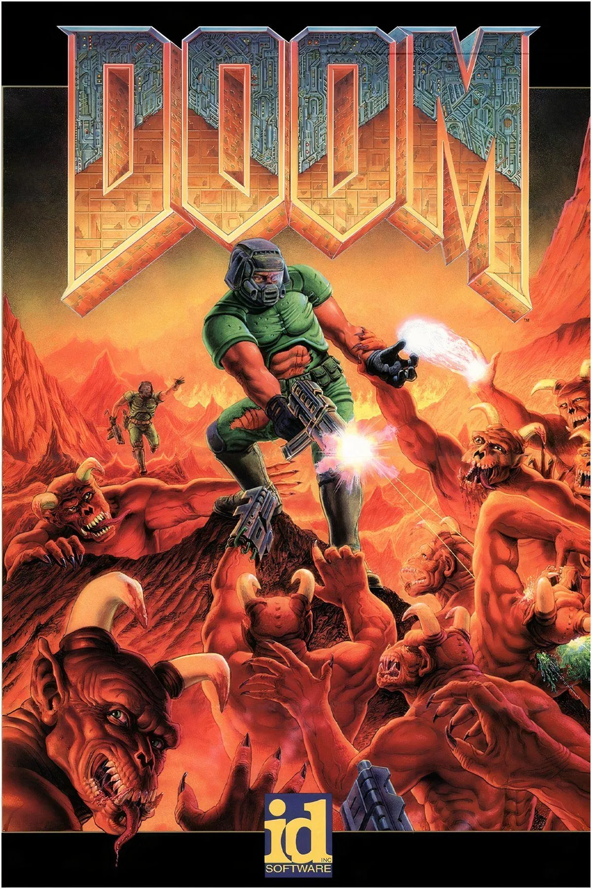 Cảnh bắn súng góc nhìn thứ nhất căng thẳng trong Doom, minh họa lối chơi nhanh và đồ họa pixel art đặc trưng trên Mac M series