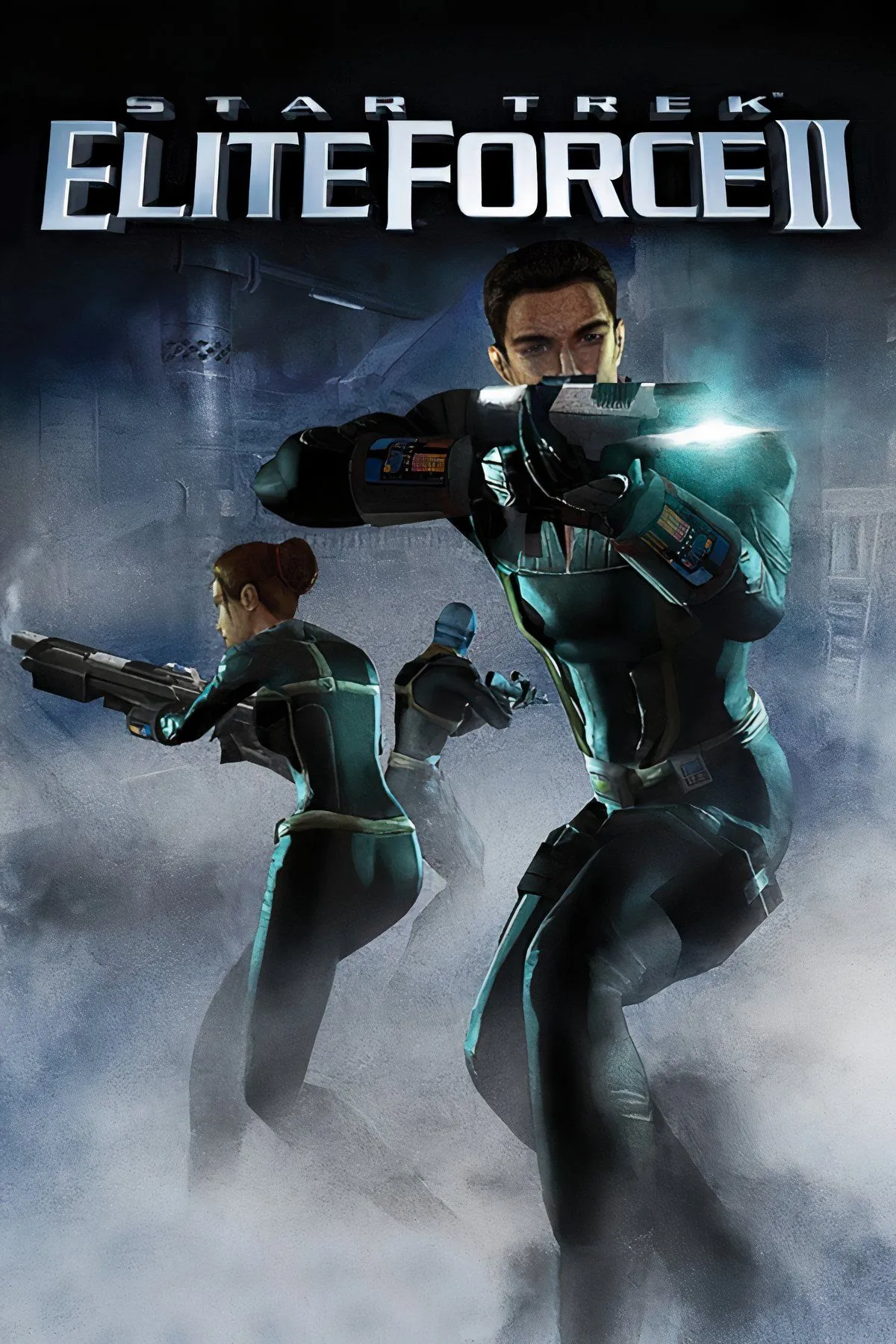 Cảnh bắn súng góc nhìn thứ nhất (FPS) trong Star Trek: Elite Force II, một sĩ quan Starfleet đang giao chiến trên phi thuyền Enterprise-E.