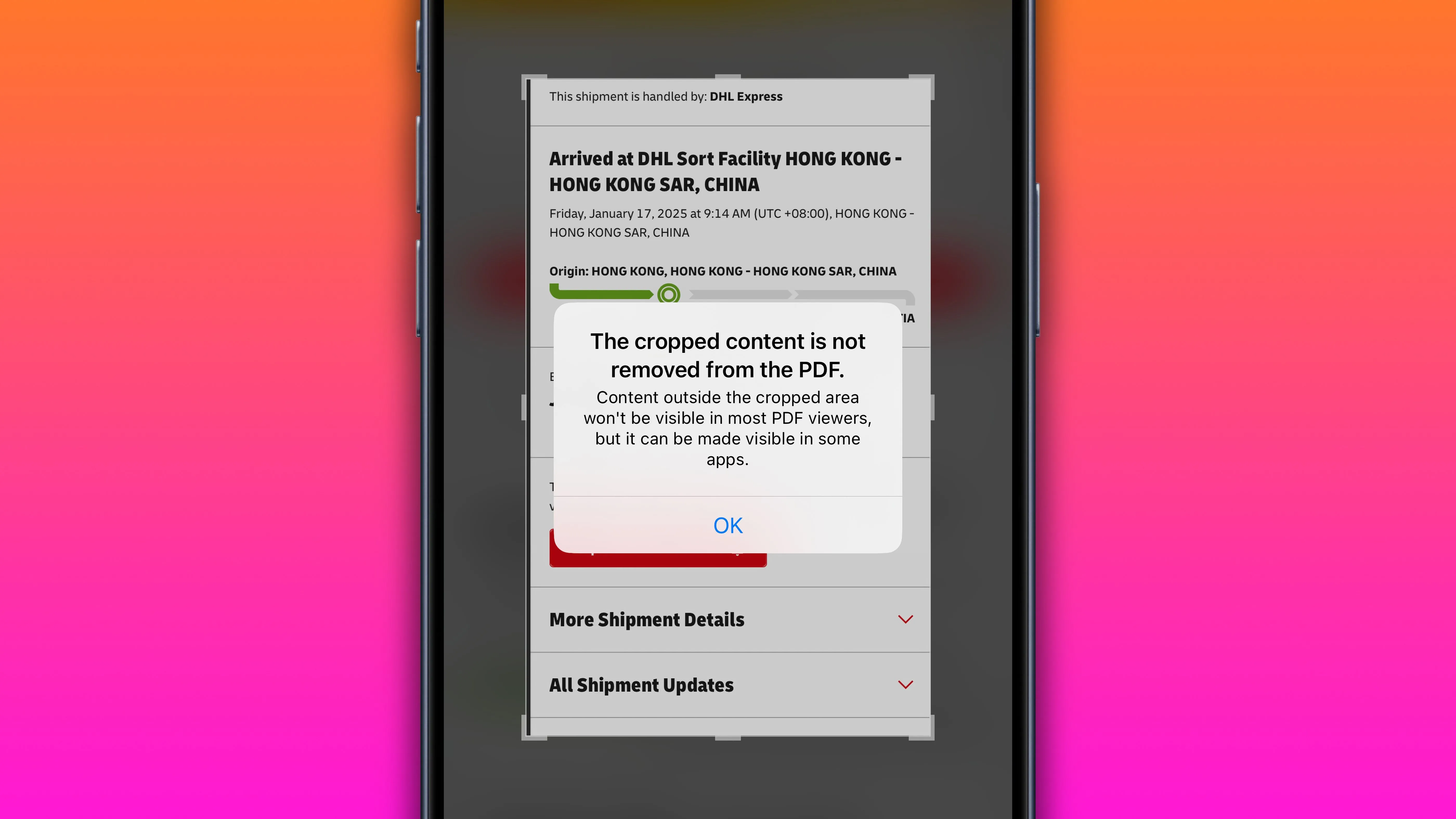 Cảnh báo quyền riêng tư hiển thị khi cắt ảnh chụp màn hình PDF trên iOS 18.3, thông báo rằng nội dung bị cắt vẫn có thể xem được trong một số ứng dụng.
