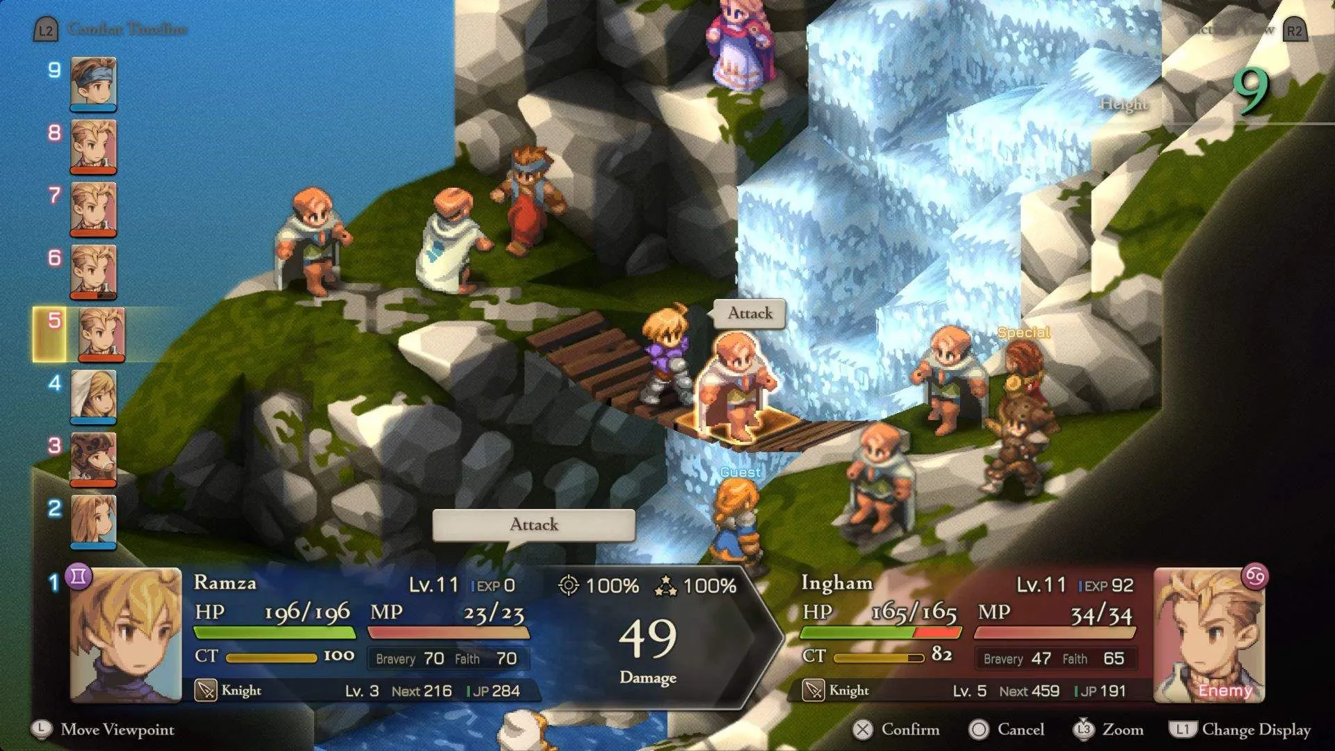 Cảnh chiến đấu trên thác nước trong phiên bản làm lại Final Fantasy Tactics: The Ivalice Chronicles.