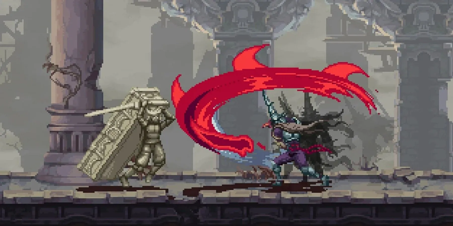 Cảnh chiến đấu trong game Blasphemous với nhân vật chính và hiệu ứng pixel art độc đáo.