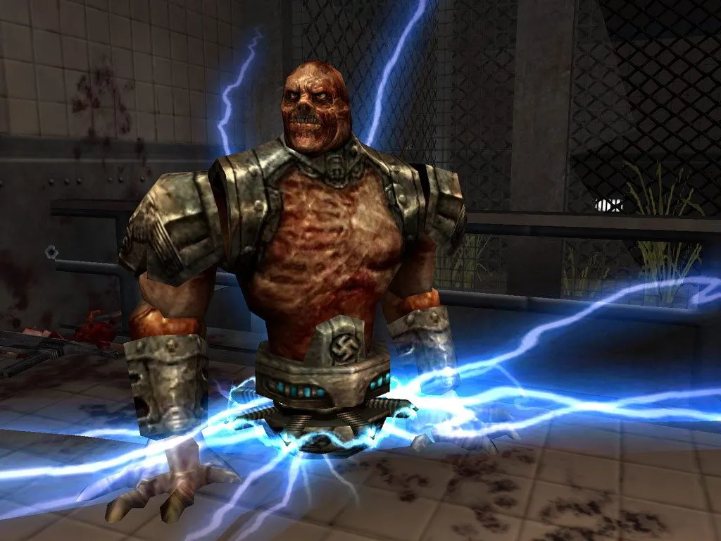 Cảnh chiến đấu trong Return to Castle Wolfenstein, với nhân vật chính và môi trường tối tăm