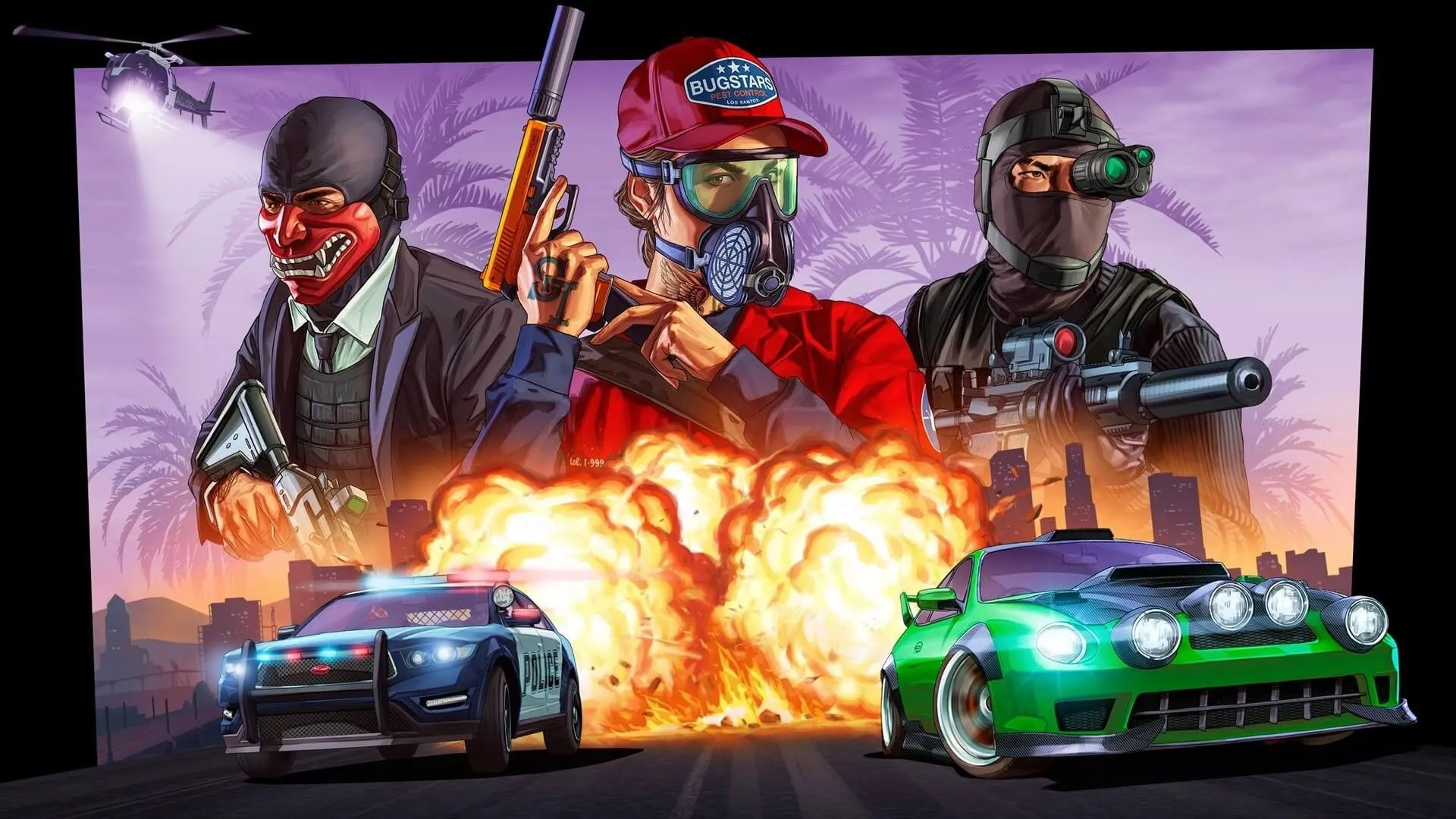 Cảnh chơi game GTA Online với các vụ nổ và ô tô, tượng trưng cho trải nghiệm game multiplayer trên Steam Deck.