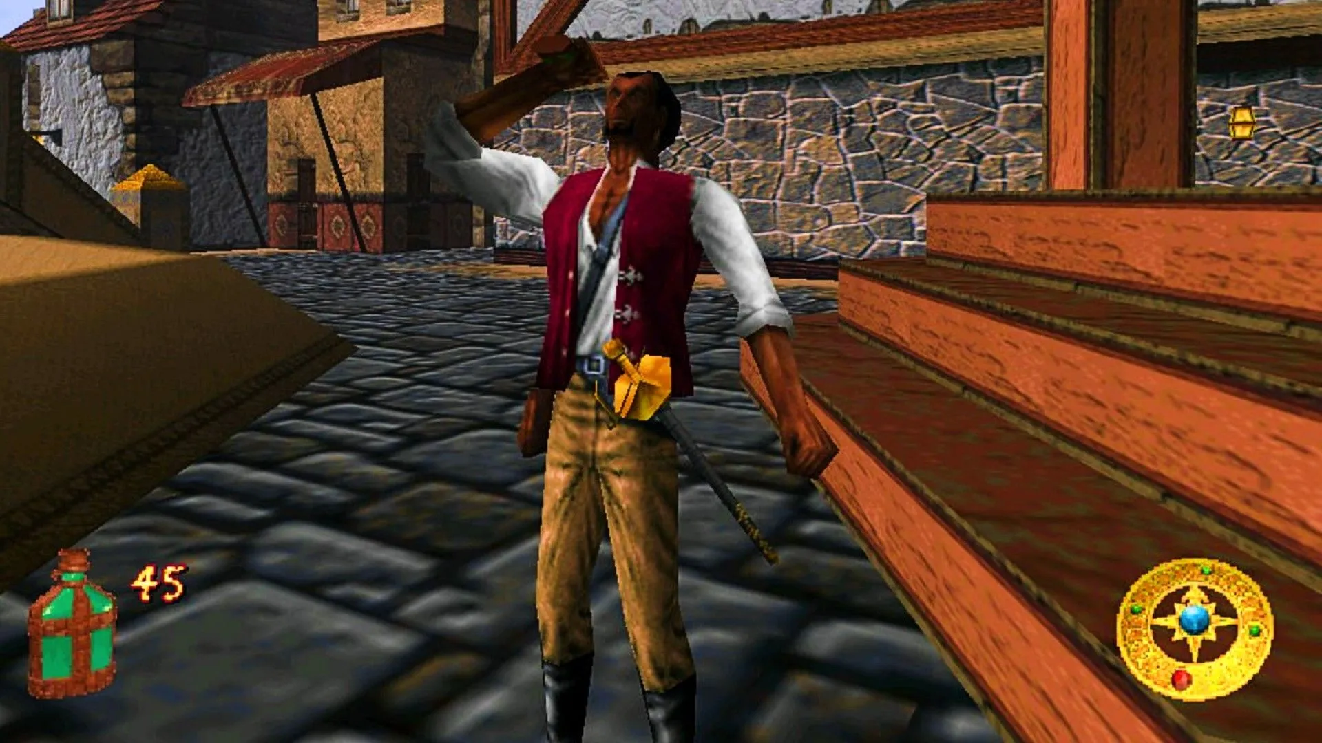 Cảnh Cyrus sử dụng bình thuốc trong The Elder Scrolls Adventures: Redguard, gợi nhớ về lối chơi phiêu lưu độc đáo của tựa game này.