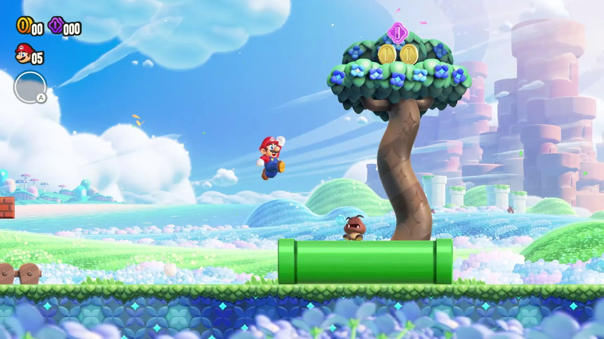 Cảnh gameplay từ Super Mario Bros. Wonder, một ví dụ hiện đại về game 2.5D với đồ họa 3D nhưng lối chơi 2D.