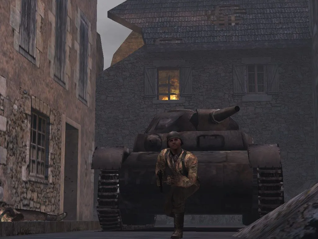 Cảnh hành động căng thẳng với hiệu ứng nổ trong Return to Castle Wolfenstein
