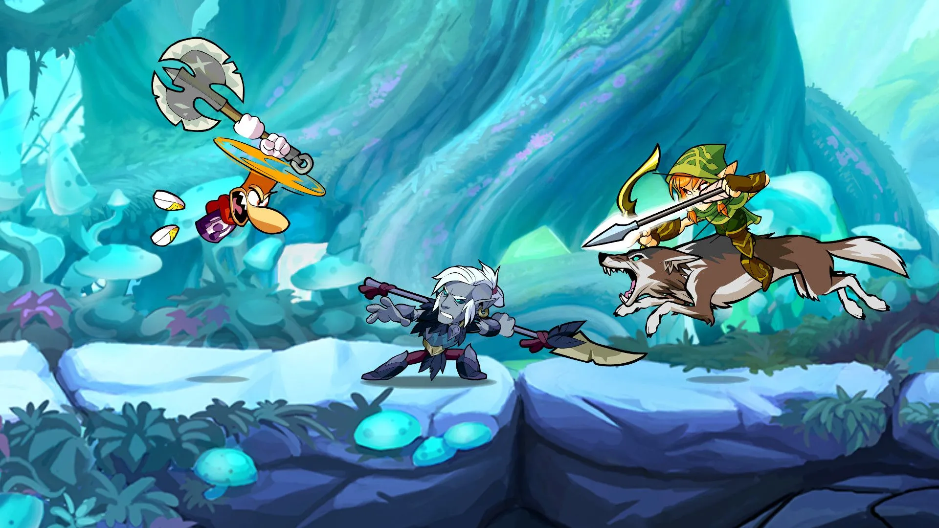 Cảnh hành động trong gameplay Brawlhalla với nhiều nhân vật đang chiến đấu trên một nền tảng