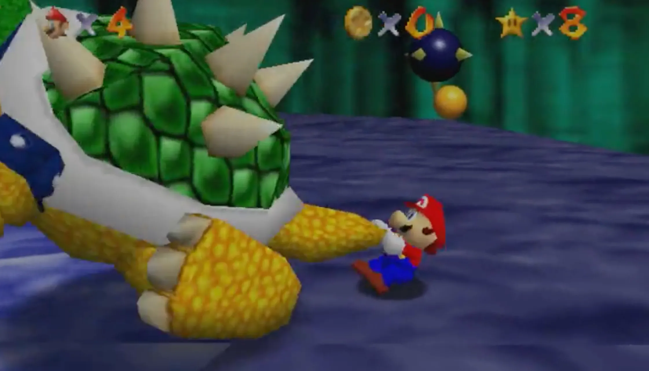 Cảnh Mario xoay Bowser huyền thoại, một cơ chế gameplay mang tính biểu tượng của Super Mario 64 trên N64