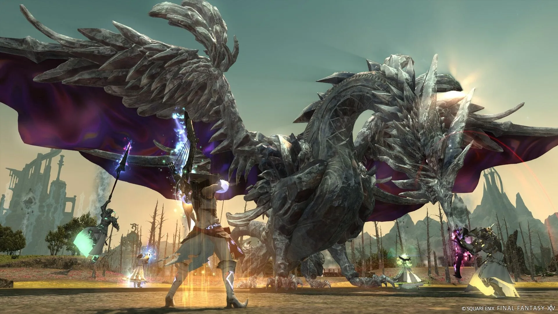 Cảnh quan hùng vĩ và nhân vật fantasy trong thế giới của Final Fantasy XIV, thể hiện đồ họa đẹp mắt của MMORPG này.