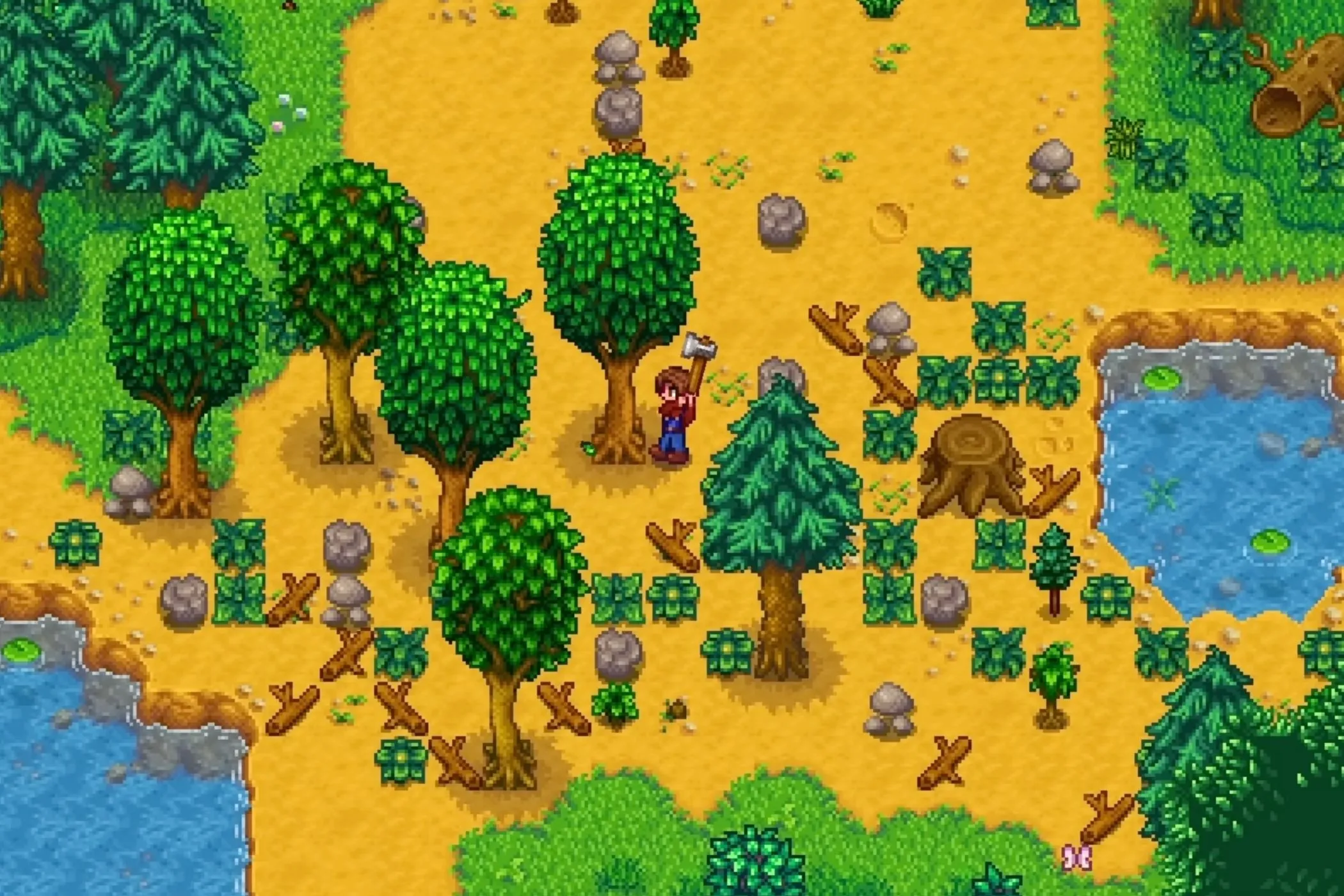 Cảnh quan nông trại yên bình trong game Stardew Valley với nhân vật đang tưới cây