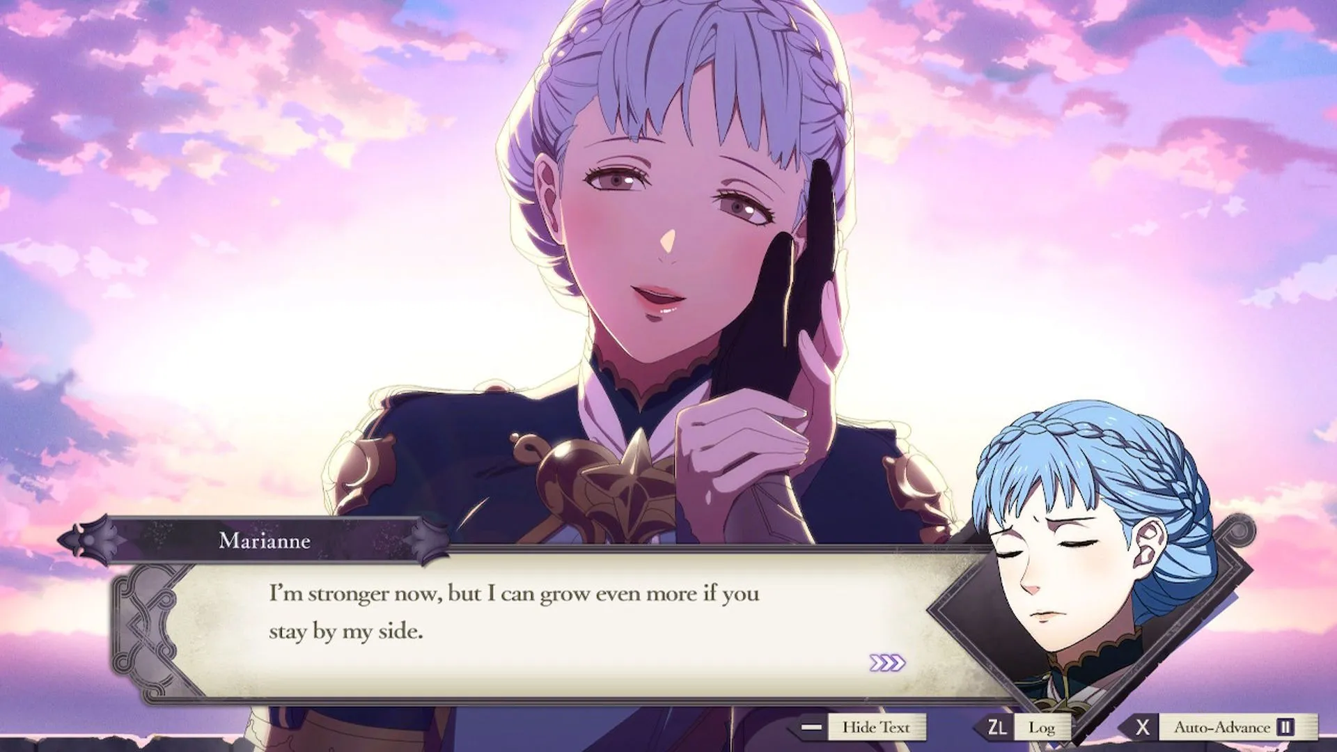 Cảnh romance giữa Byleth và Marianne trong Fire Emblem: Three Houses, thể hiện niềm hạnh phúc và sự phát triển của nhân vật.