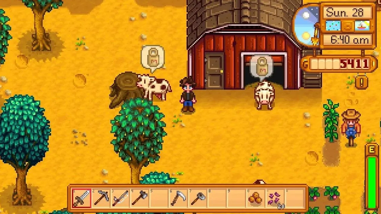 Cảnh trang trại Stardew Valley với những con bò đang chờ được chăm sóc