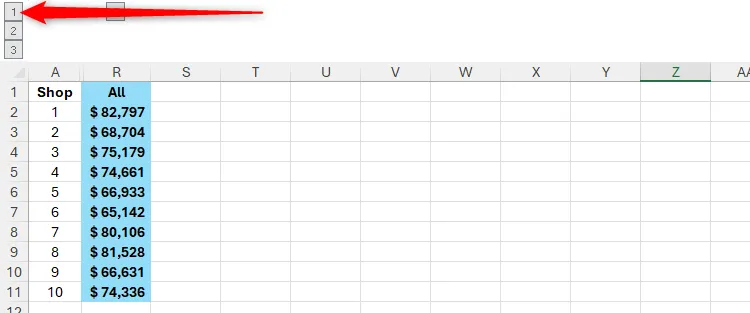 Cấp độ nhóm 1 trong Excel được chọn, chỉ hiển thị cấp độ nhóm cột đầu tiên.