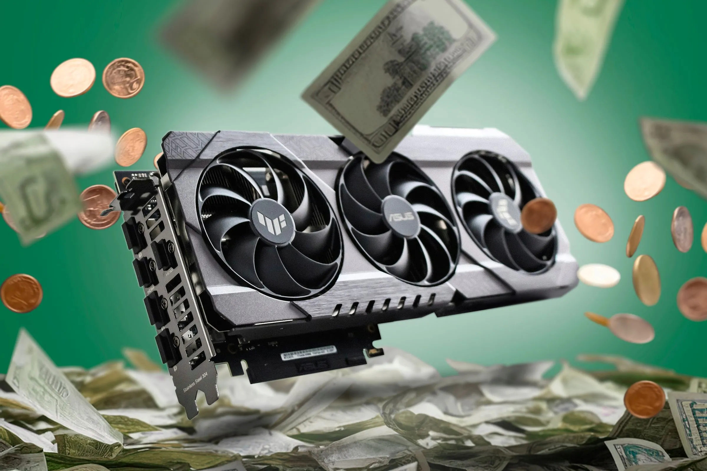 Card đồ họa (GPU) và một đống tiền xung quanh tượng trưng cho chi phí cao khi nâng cấp PC