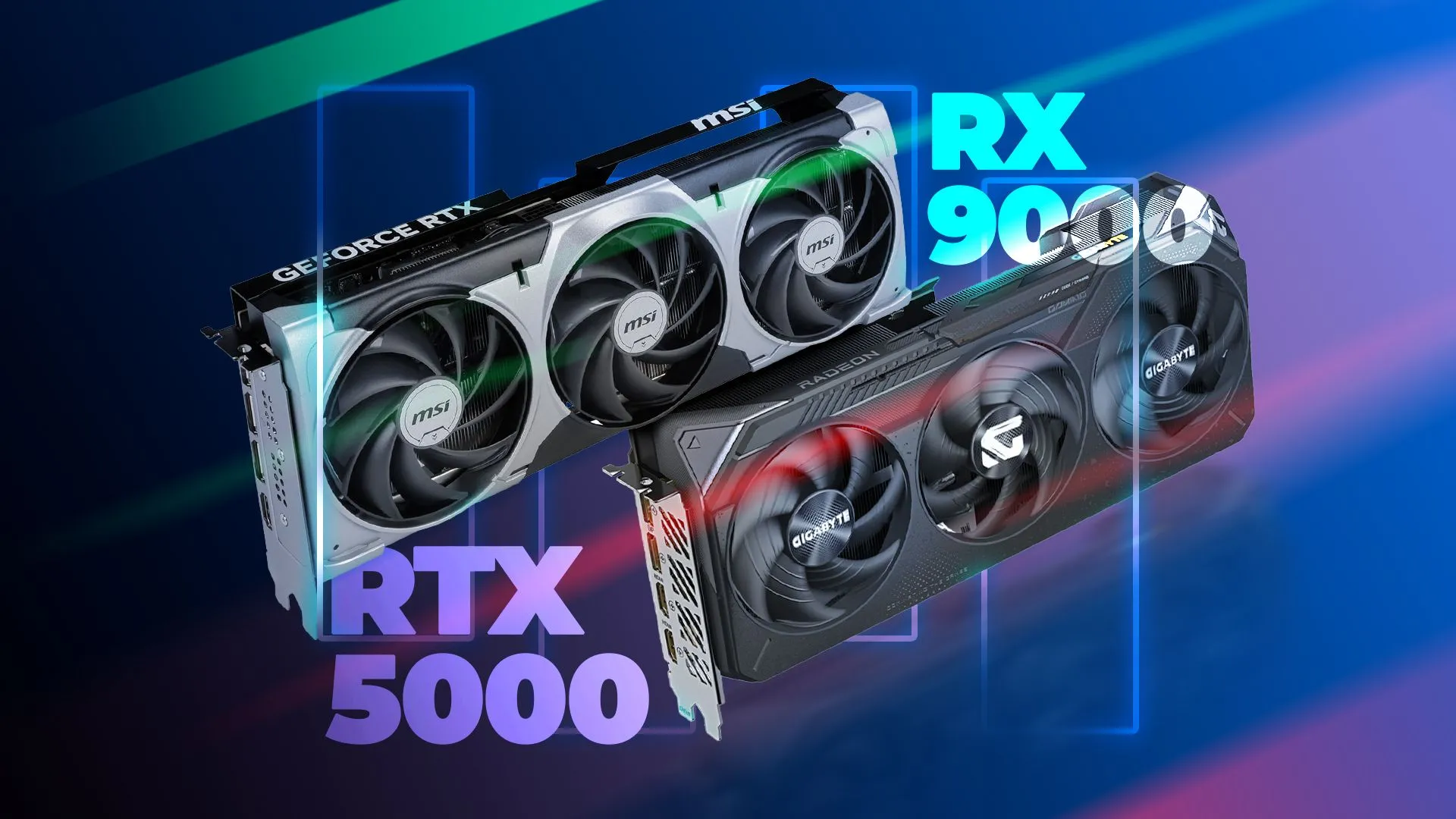 Card đồ họa NVIDIA RTX 5070 và AMD RX 9070, minh họa sự đa dạng của GPU trên thị trường
