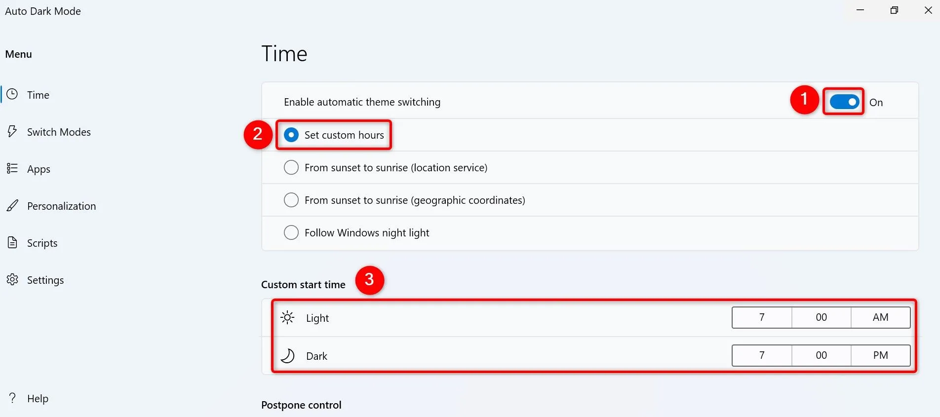 Cấu hình thời gian tự động chuyển đổi giữa theme sáng và tối trong ứng dụng Auto Dark Mode