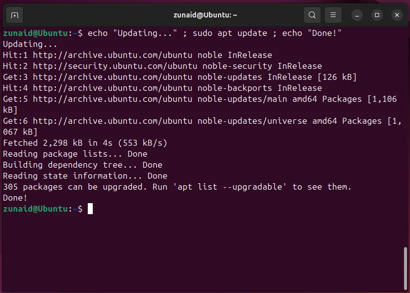 Chạy nhiều lệnh Linux được phân tách bằng dấu chấm phẩy trên terminal.