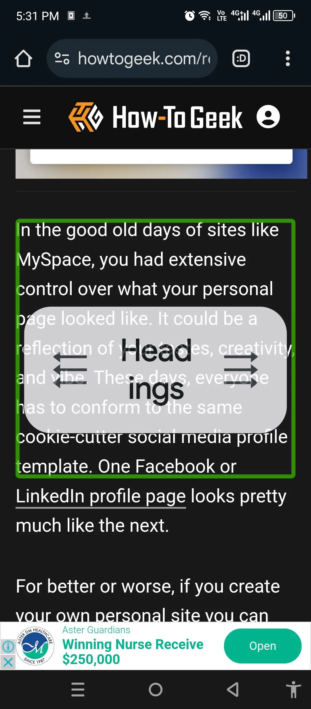 Chế độ &quot;Headings&quot; (Tiêu đề) trong TalkBack giúp người dùng điều hướng nhanh chóng giữa các phần nội dung chính.
