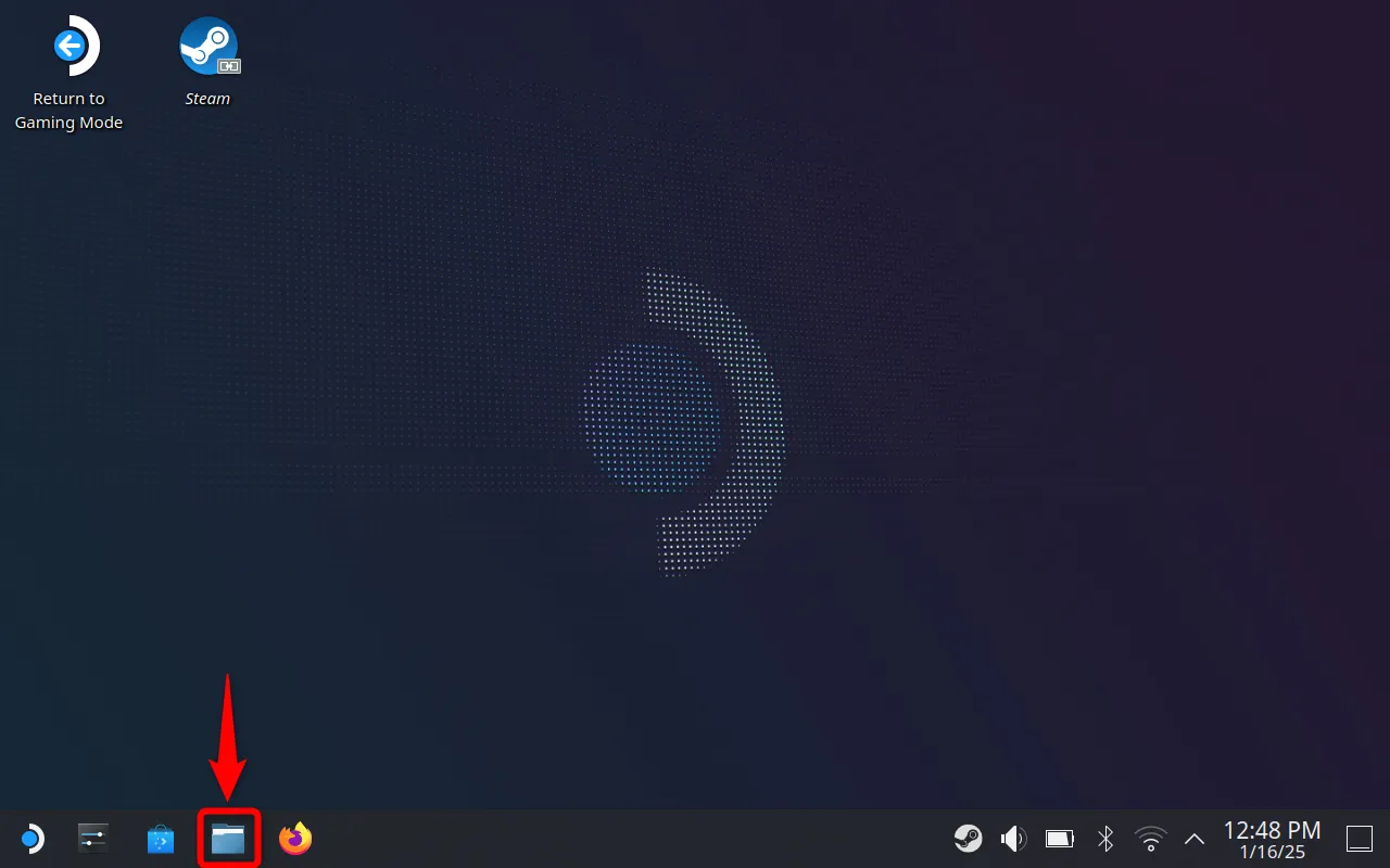 Chế độ máy tính của Steam Deck với Trình quản lý Tệp được đánh dấu