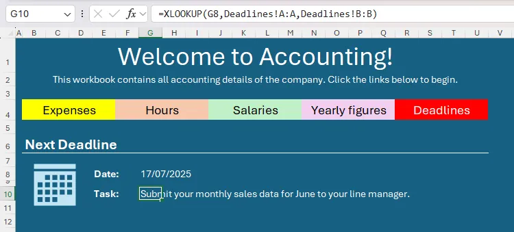 Chi tiết công việc cho một hạn chót sắp tới được hiển thị thông qua công thức XLOOKUP trong Excel, tự động cập nhật.