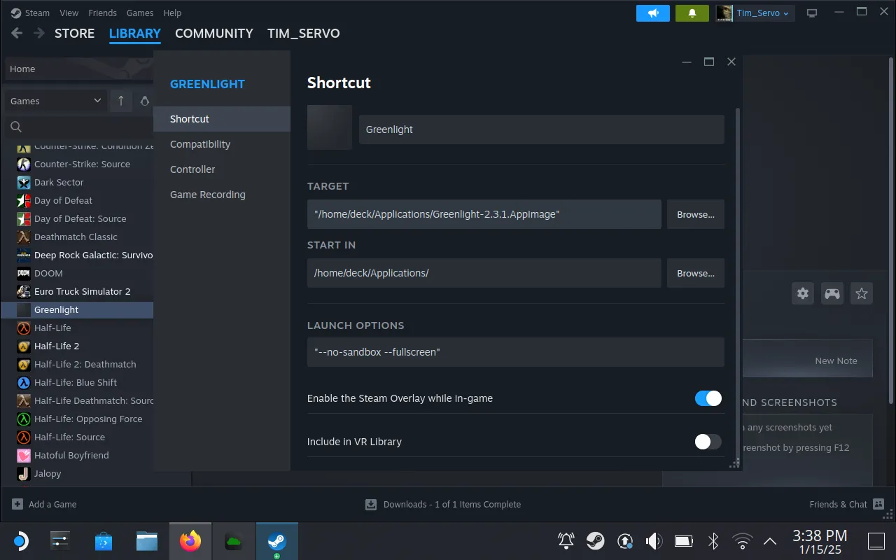 Chỉnh sửa thuộc tính của Greenlight trong thư viện Steam, bao gồm tên và tùy chọn khởi chạy