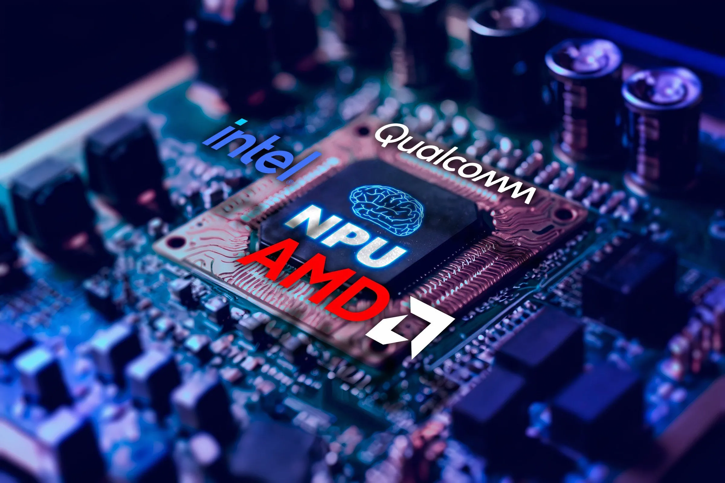 Chip xử lý (CPU) có in chữ NPU cùng logo Intel, AMD và Qualcomm