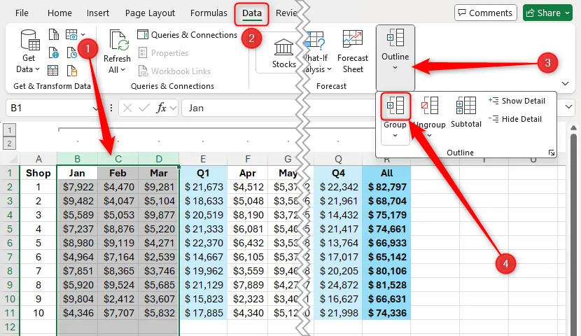 Chọn các cột B đến D trong Excel và nút Group trên tab Dữ liệu được tô sáng.