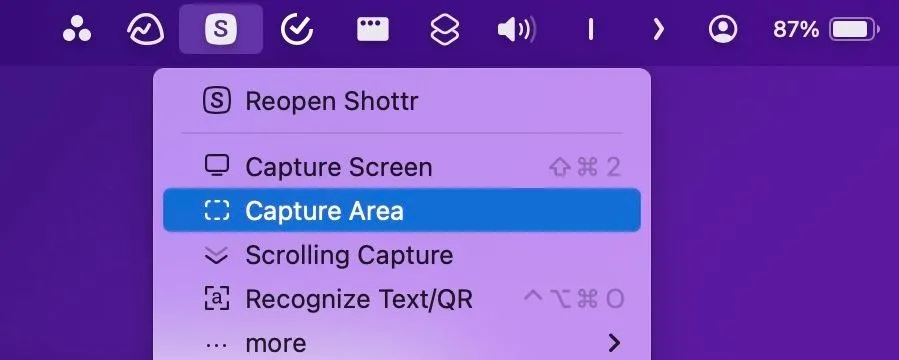 Chọn chế độ Chụp Vùng (Capture Area) từ menu Shottr để kích hoạt Smart Select Mode