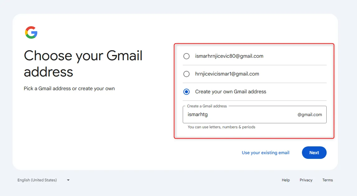 Chọn địa chỉ Gmail cá nhân hoặc tạo địa chỉ mới