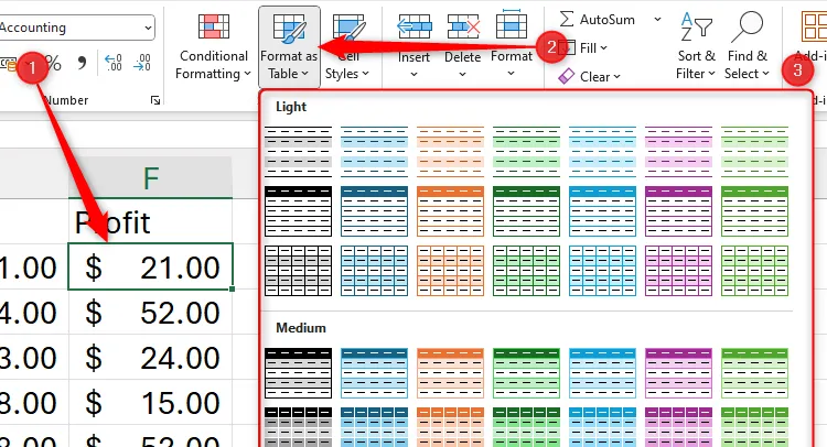 Chọn Format As Table trong Excel để định dạng dữ liệu thành bảng và chọn thiết kế phù hợp