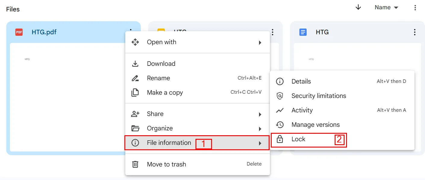 Chọn &quot;Khóa&quot; từ menu thông tin tệp để khóa file Google Drive
