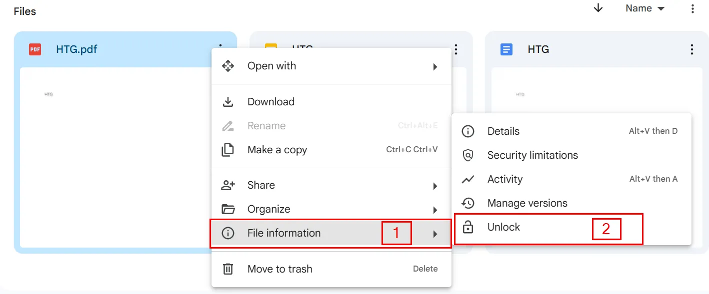 Chọn &quot;Mở khóa&quot; từ menu thông tin tệp để gỡ bỏ khóa file Google Drive