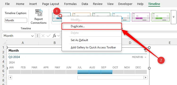 Chọn một kiểu Timeline Excel bằng chuột phải, tùy chọn &quot;Duplicate&quot; được tô sáng để tạo bản sao và tùy chỉnh.