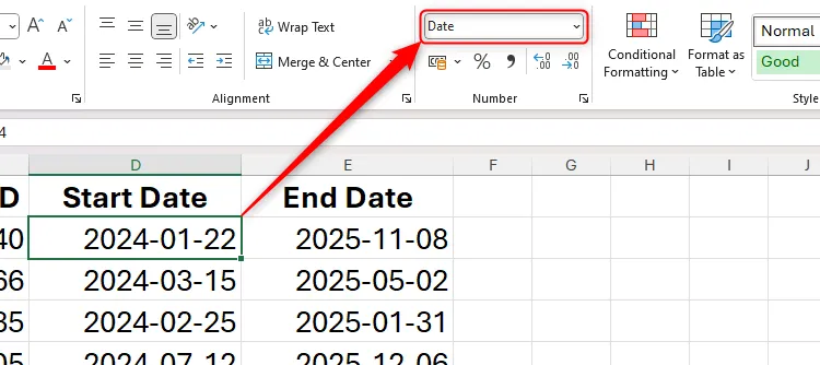 Chọn một ô ngày tháng trong Excel, hiển thị định dạng Date trong nhóm Number trên thanh Home