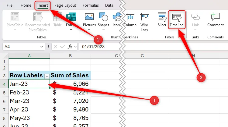 Chọn một ô trong PivotTable, sau đó nút Timeline trên tab Chèn trong Excel được tô sáng.