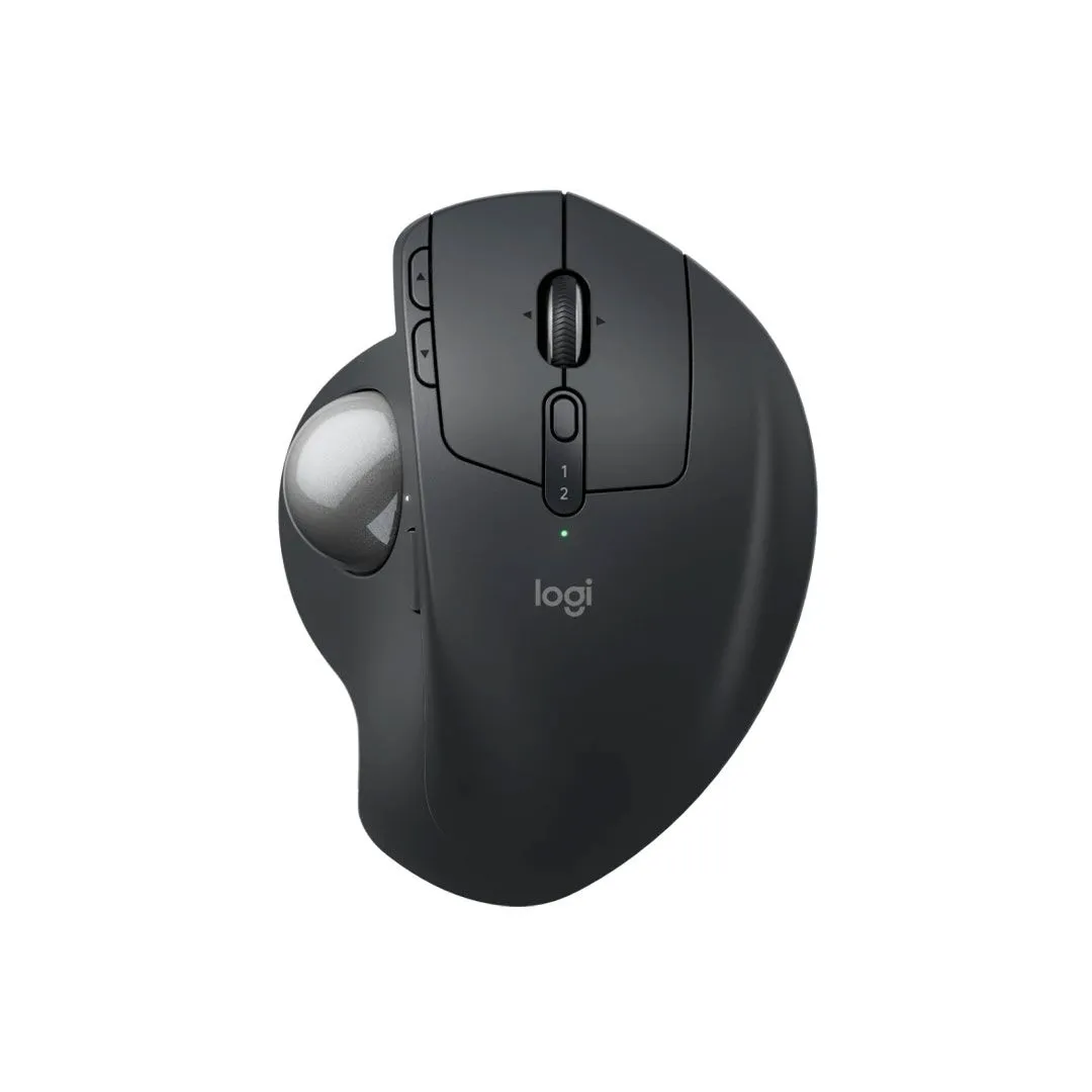 Chuột trackball Logitech MX Ergo S màu đen với bi lăn màu đỏ trên nền trắng, thể hiện thiết kế sang trọng.