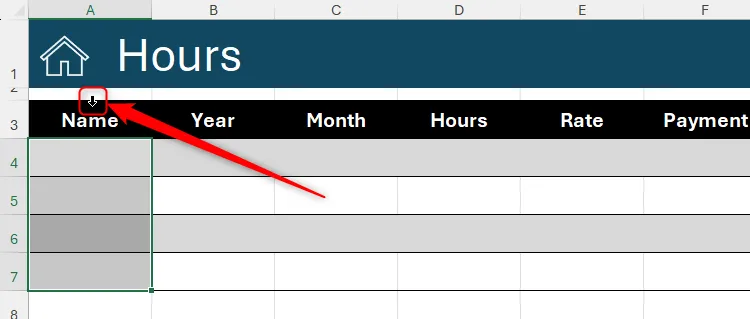 Con trỏ mũi tên xuống ở tiêu đề cột bảng trong Excel được nhấp để chọn toàn bộ cột, chuẩn bị áp dụng xác thực dữ liệu